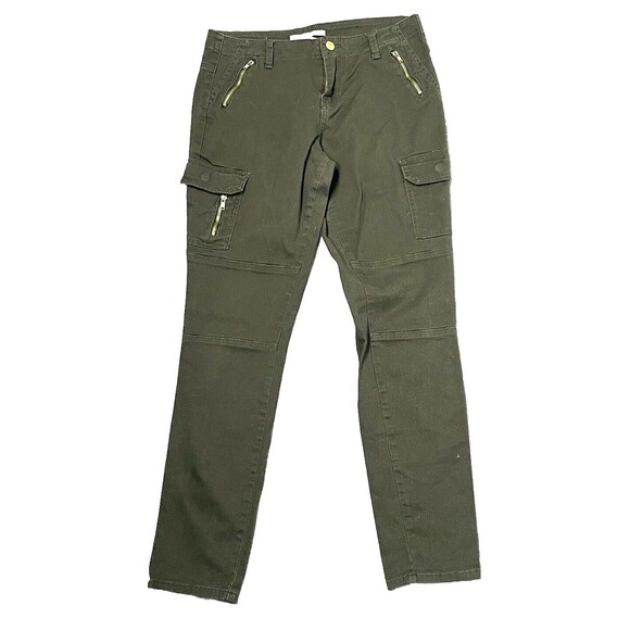 Elite Jeans Mid Rise Cargo Zipper Pockets Stretch‎ Green Denim Size 7 Boho Retro - Picture 1 of 4